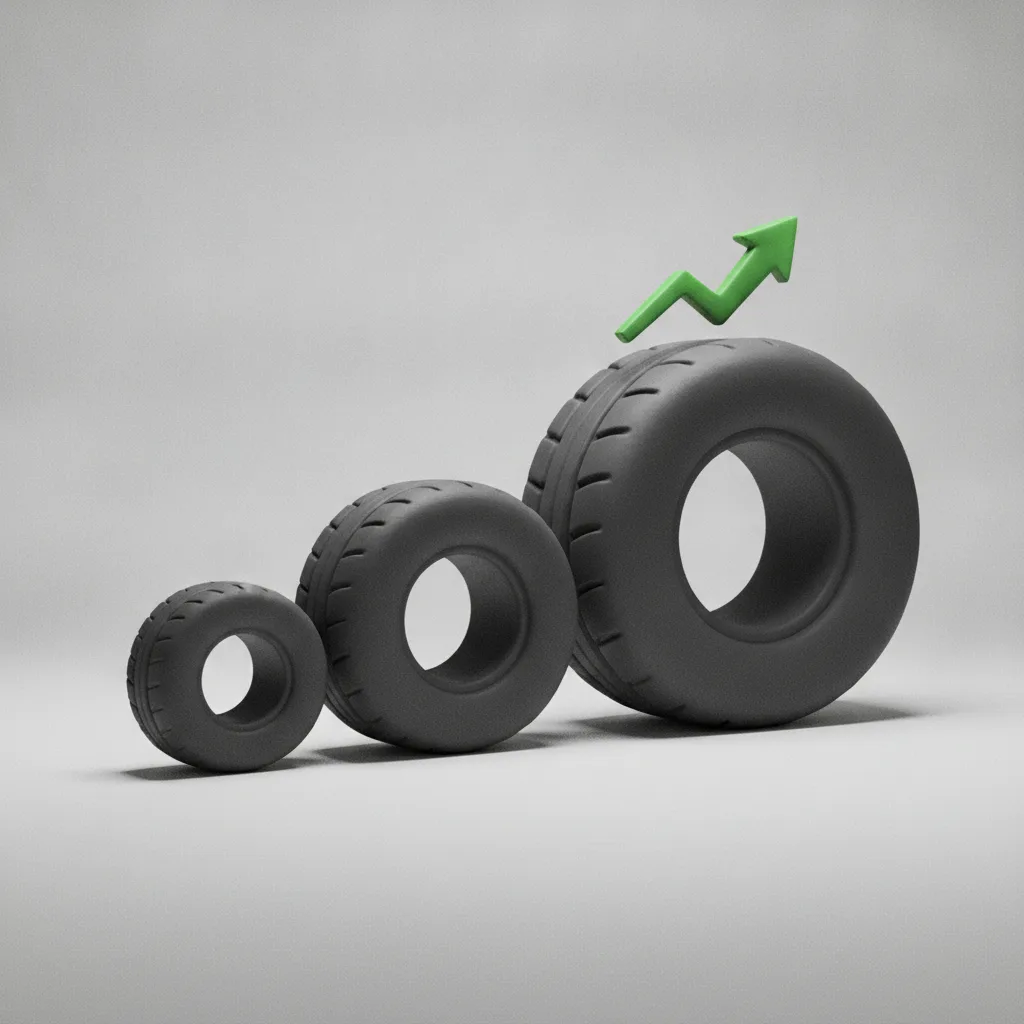 Clay illustration of three stepped-size tires with an upward arrow