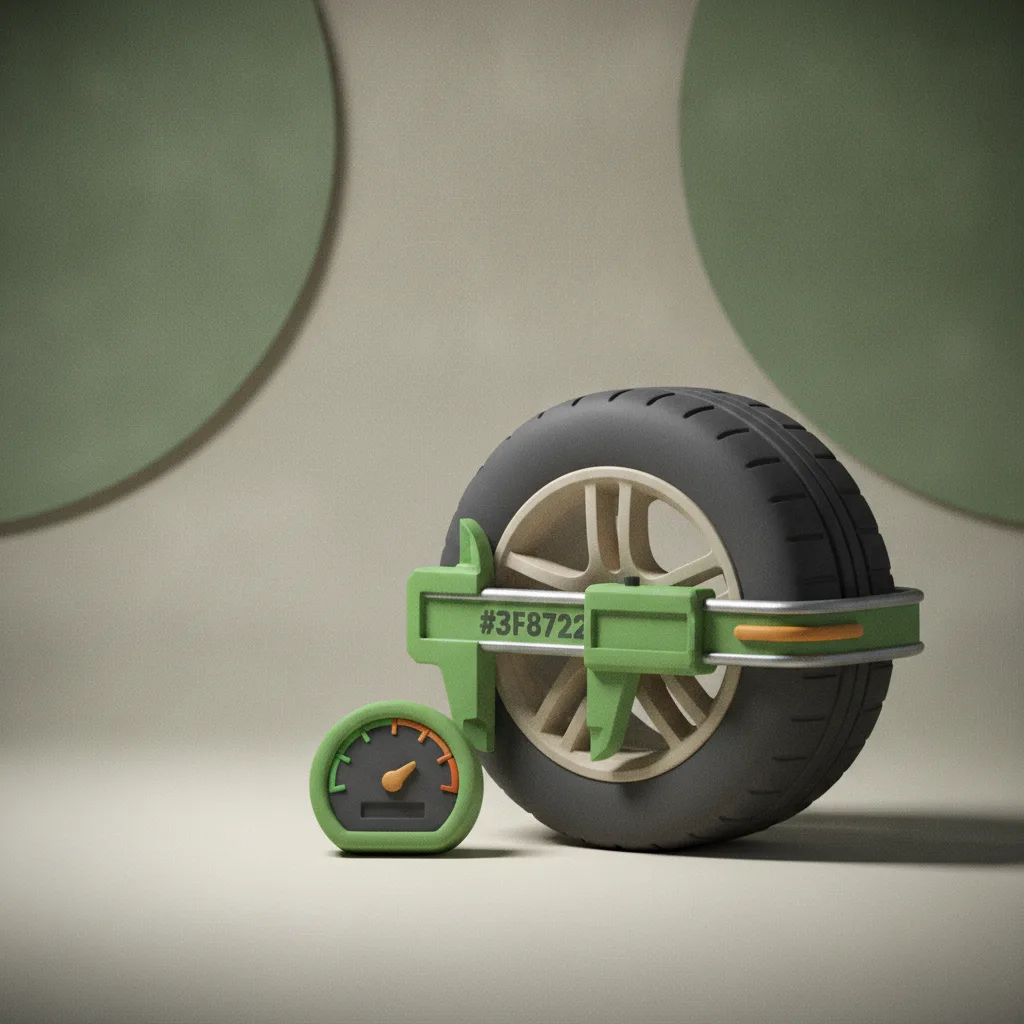 Clay illustration of a car tire and wheel with a caliper measuring its diameter beside a speedometer dial